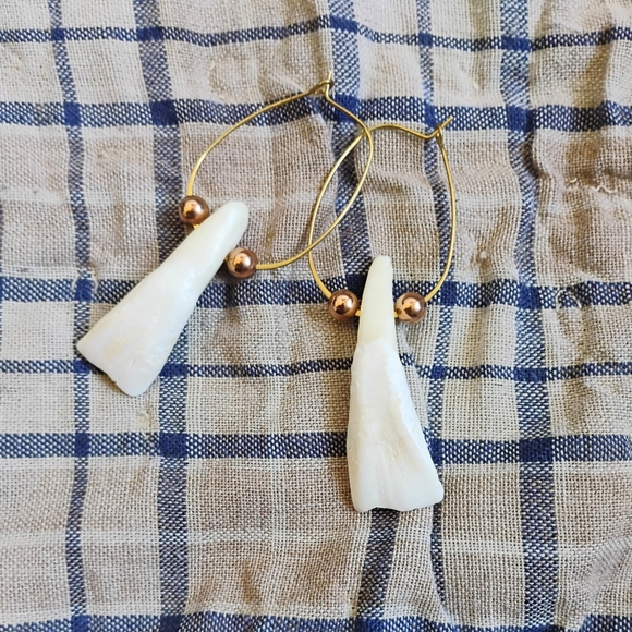 SOLD Buffalo Tooth And Brass Statement Earrings - Picture 2 of 3